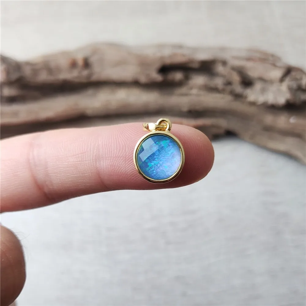 FUWO Wholesale Round Blue Opal Pendant,Golden Plated Cladding Synthetic Opal Glass Accessories For Jewelry Making 5Pcs/Lot PD278