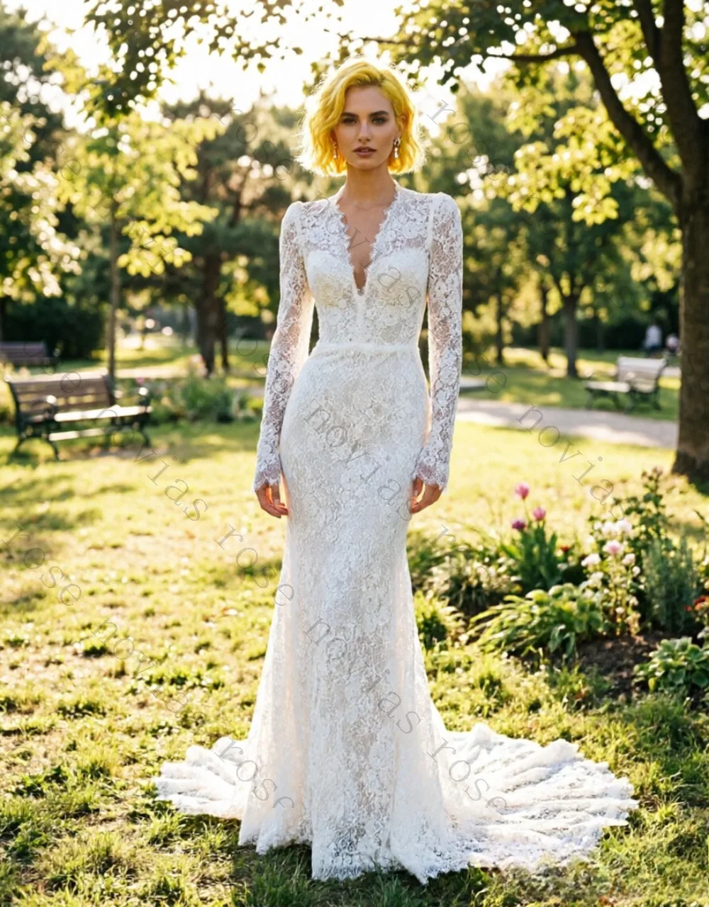 Customized Deep V Neck Lace Mermaid Wedding Dress Full Sleeve Bridal Gown 2026 Robe De Mariée Sexy Floor Length with Train