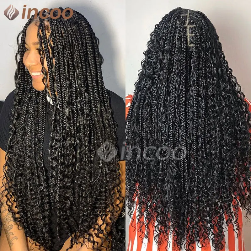 

Godesses braids Full Lace Synthetic Braided Wigs Bohemia Boho Box Braid Wig 32 inch Square Knotless Braided Lace Wig With Curly