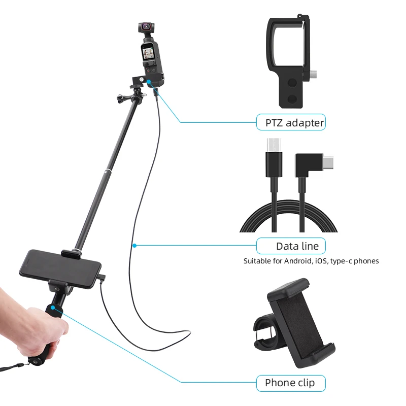 Selfie Stick for DJI OSMO Pocket 2 Handheld Gimbal Stabilizer Cable for Type-C Phone Clip Module Extension PoleJAS