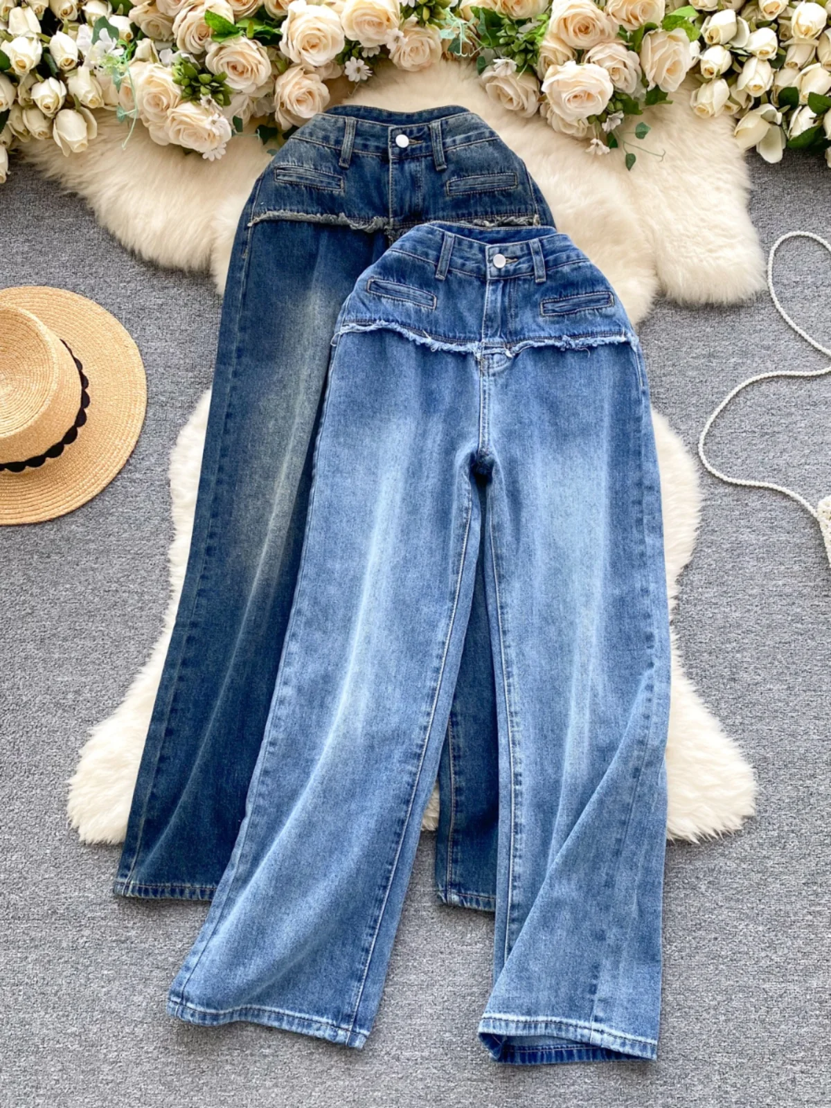 Spring Vintage Women Denim Pants Fashion Design High Waist Raw Edge Wide Leg Pant All-matched Female Jeans Streetwear