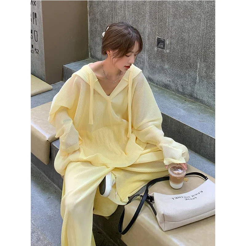

Oversized Hooded Sweatshirts Two-piece Suit Women Clothes Spring Autumn Simplicity Solid Color V-neck Hoodies Wide Leg Pants