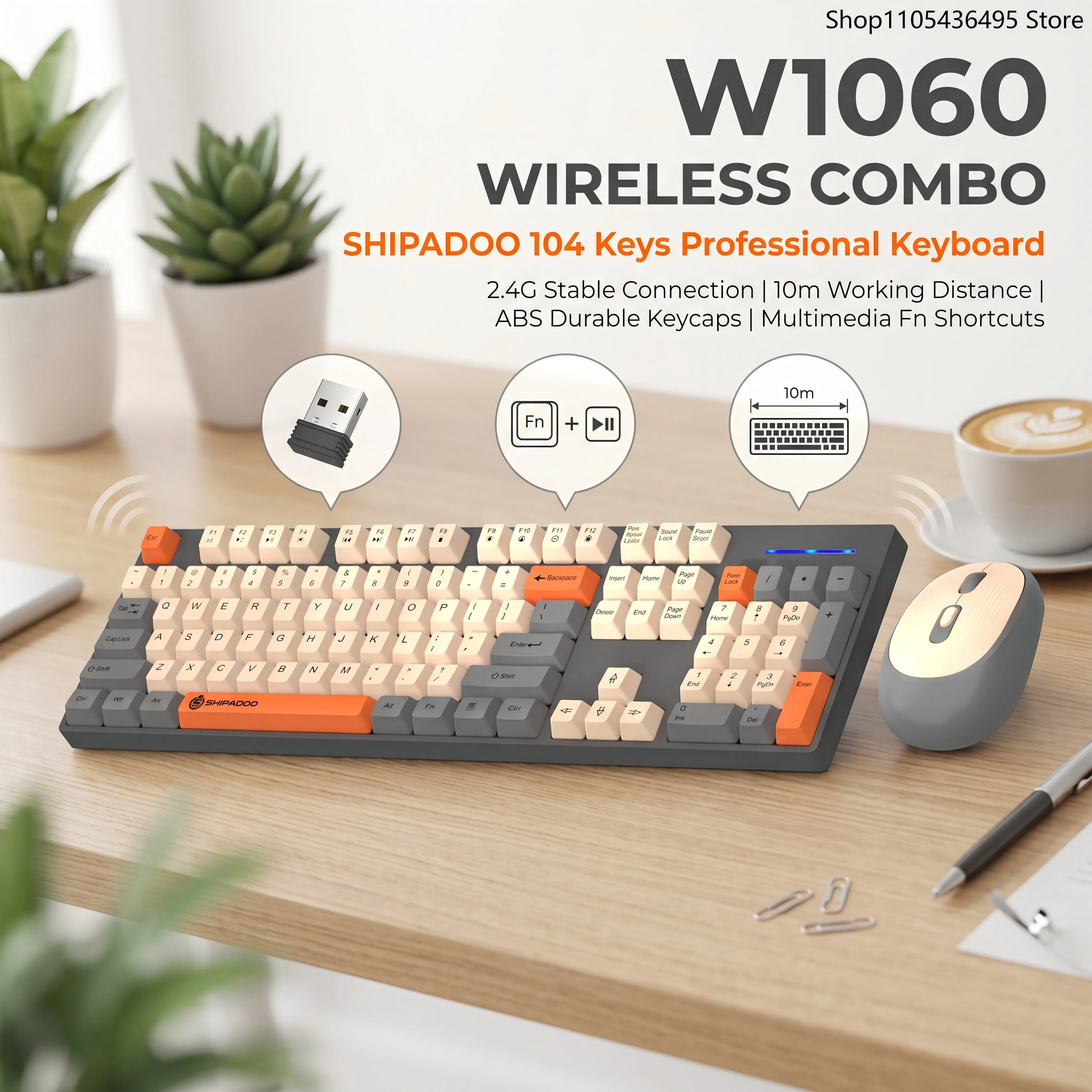 2026 New SHIPADOO W1060 2.4G Wireless 104 Keys Keyboard and 4 Button Mouse Combo ABS Keycap 10 Million Magnetic Keyboard