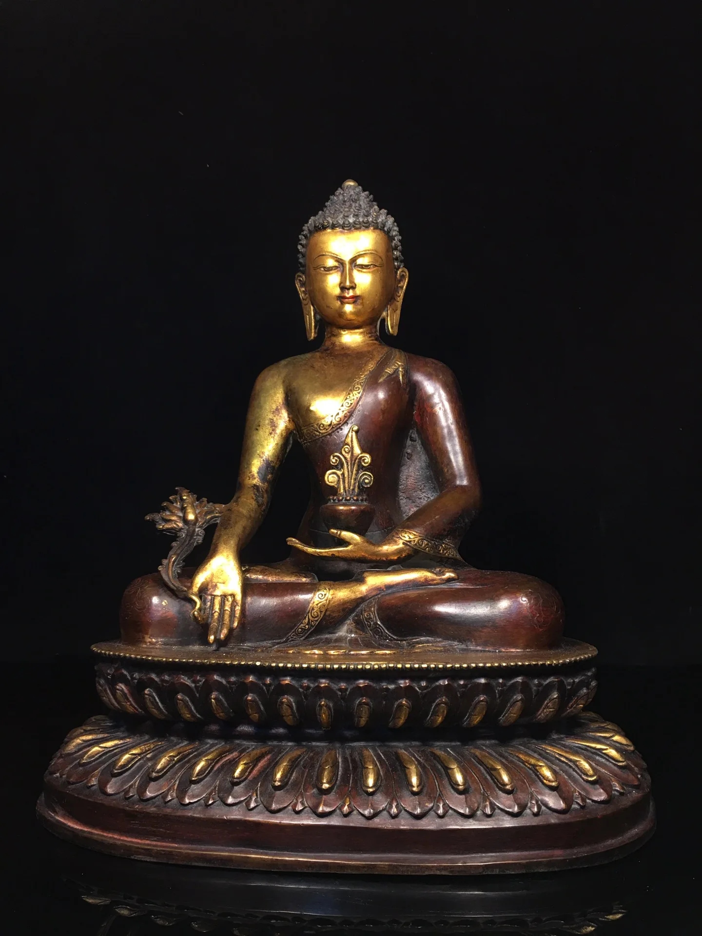 

15"Tibetan Temple Collection Old Bronze Cinnabar Mud gold Medicine Buddha Amitabha Sitting Buddha Worship Hall Town house