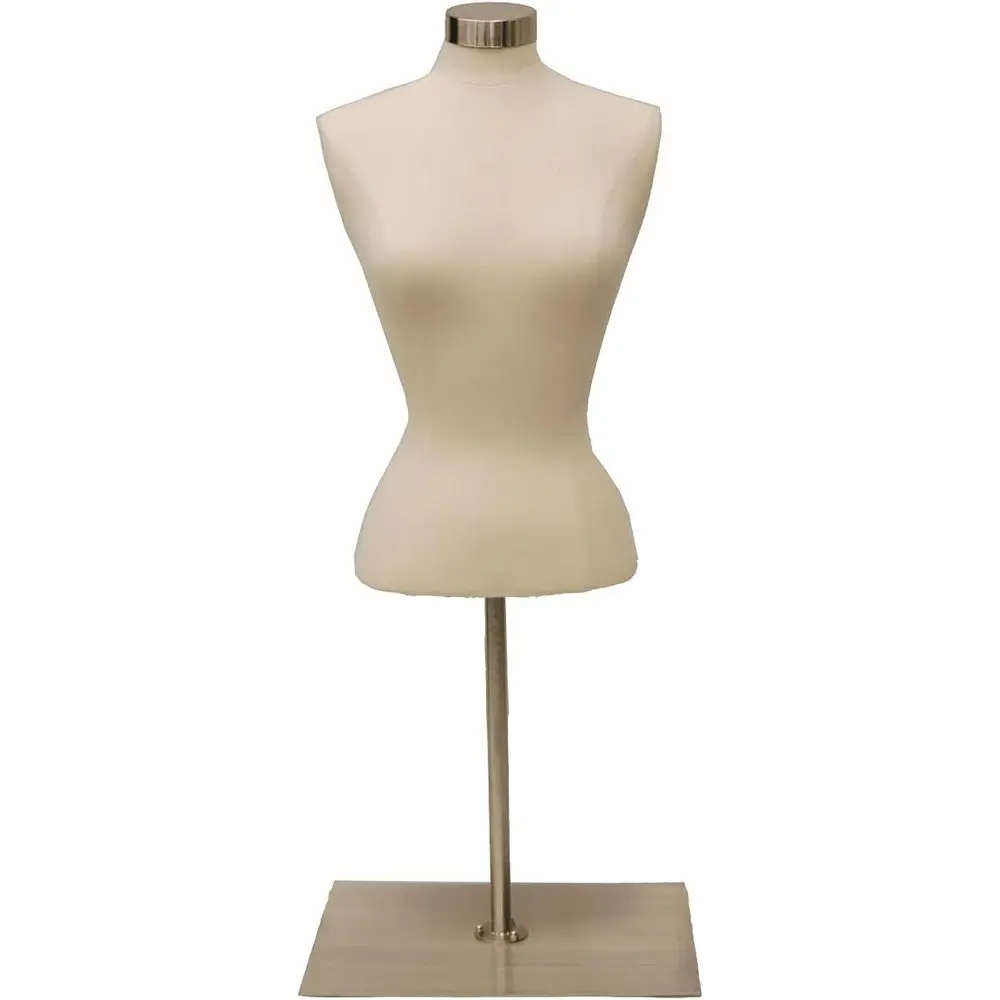 

Adult Female Dress Form Mannequin with Short Pole and Brushed Metal Counter Base
