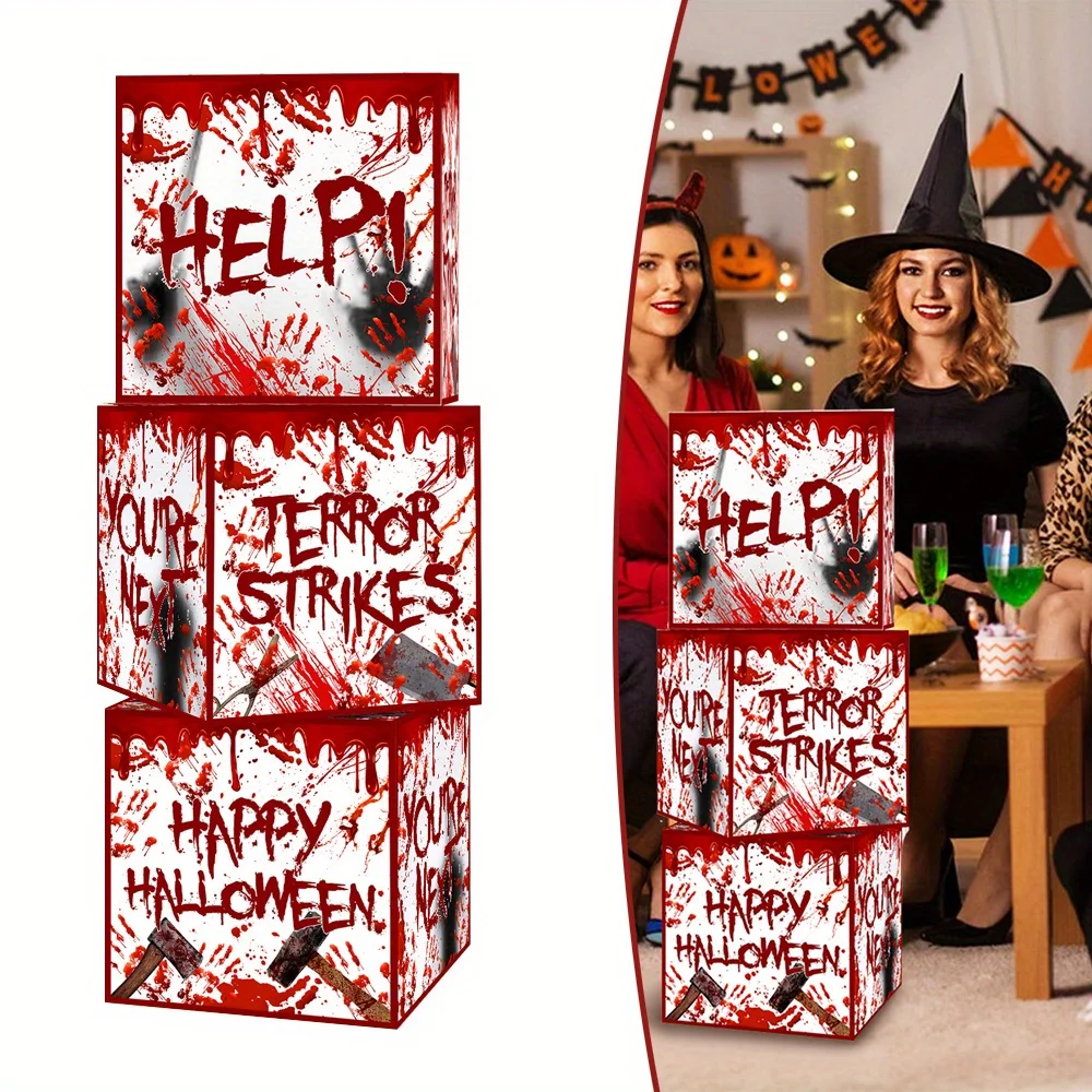 3Pcs Halloween Bloodstained Balloon Box Scary Bloody Handprint Pattern Balloon Box for 2024 Trick or Treat Party Decor Supplies