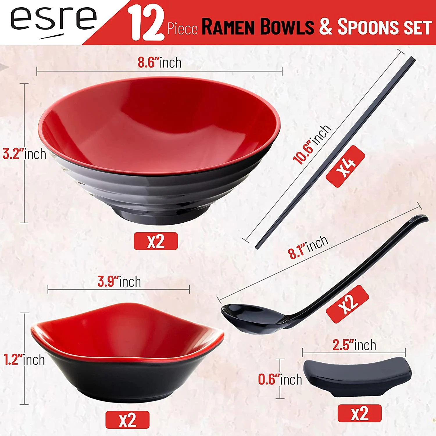37 oz Japanese Melamine Ramen Bowl Set Large Asian Chinese Dinnerware with Chopsticks and Spoons for Noodle Bowls Food Serving