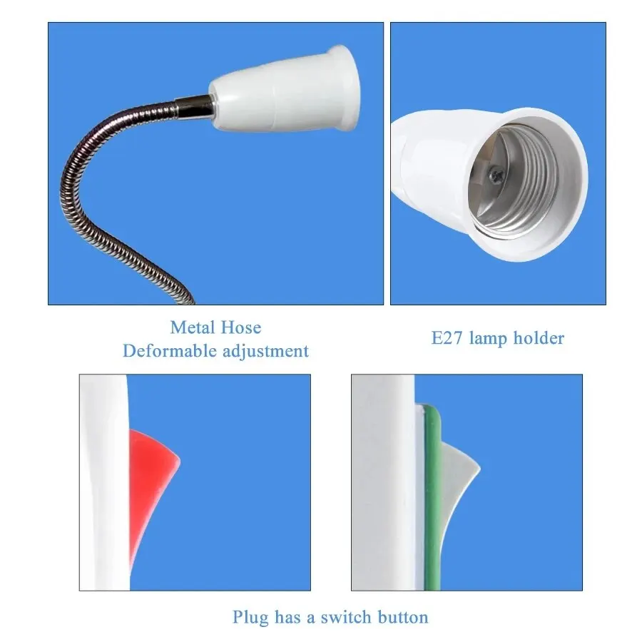 EU US Plug to E27 Lamp Holder Light Bulb Socket With Switch Flexible Lamp Base Conversion Table Lamp Converter 20cm 30cm 50cm