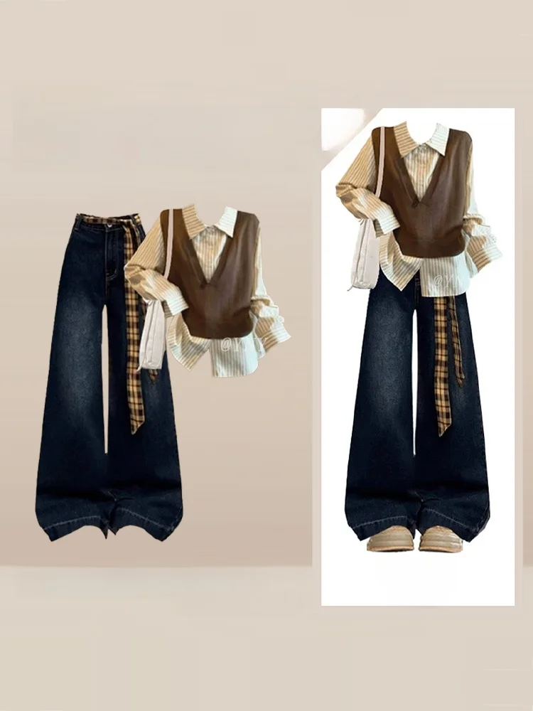 

Многослойный жилет College Sle и вязаный жилет больших размеров, джинсовые широкие брюки, комплект из двух предметов, осень-зима, ретро-дизайн Faiona...