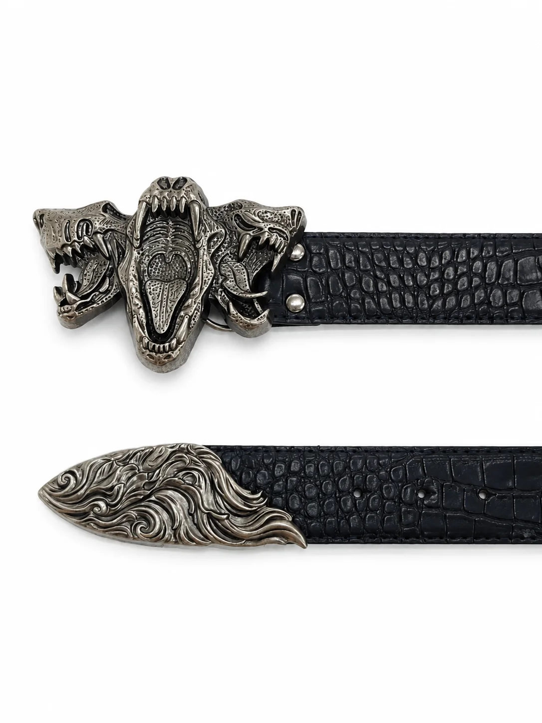 Roaring Serpent Crocodile Belt, Three Head Dragon Statement Buckle with Crocodile Pattern Design, Dark Gothic Punk Style Belt fo