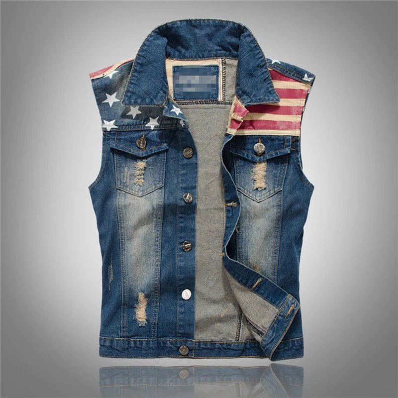 

FALIZA Mens Vest Jacket Pleated Design Denim Vest America Flag Blue Waistcoat Sleeveless Jeans Jackets Hip Hop Jean Coats MDJ10