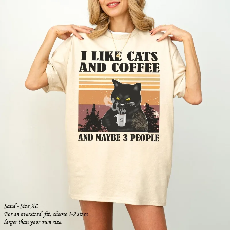 

Black Cat Coffee Enthusiast, Fun Pet Pattern T-shirt for All Seasons, Casual and Fashionable, Suitable for Both Men and Women