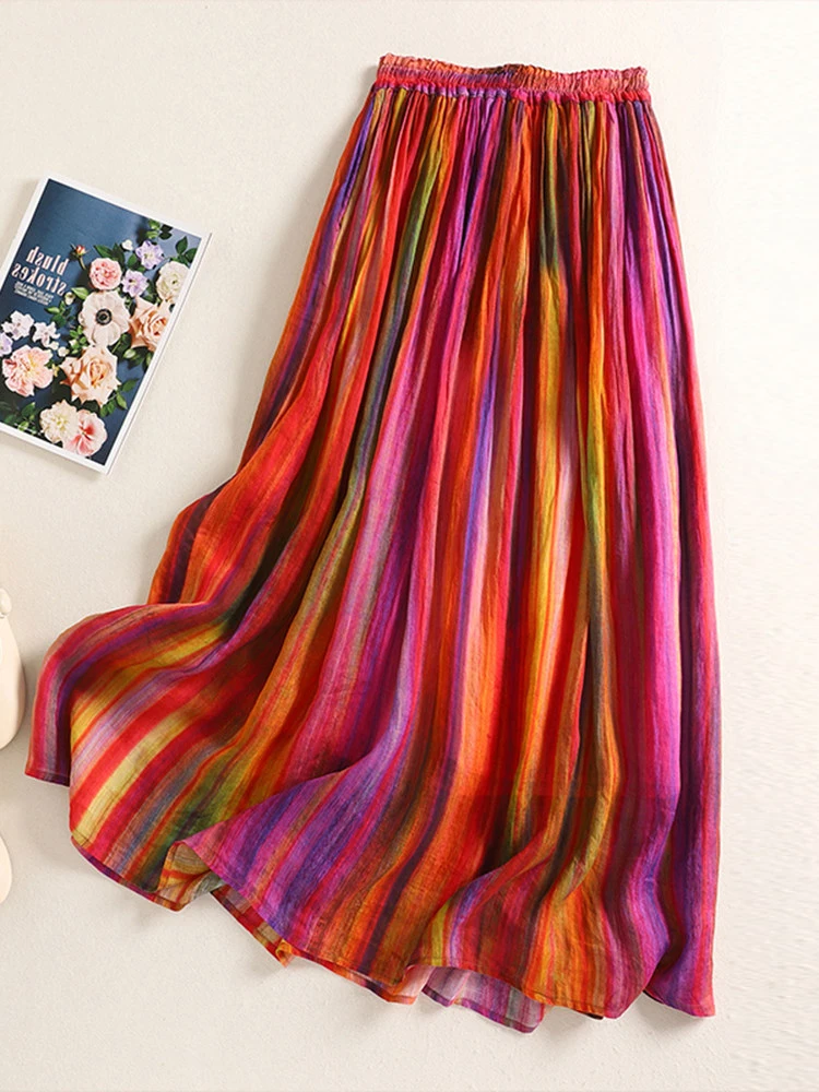 Women's Summer Skirt Rainbow Striped Double-layered Large Size Drawstring Elastic Waist Versatile A-line Faldas Female SK103