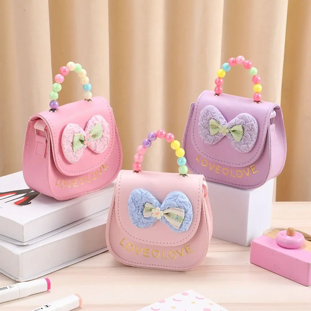 Creative Cute Flowers Children's Messenger Bag PU Leather Pearl Handbags Shiny Cartoon Shoulder Bag