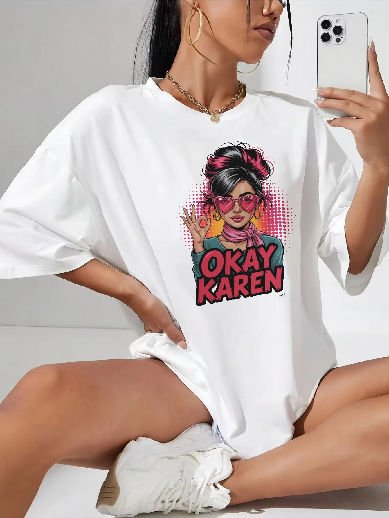 

OKAY KAREN женская белая футболка с круглым вырезом, удобная и мягкая осенняя одежда больших размеров, праздничные наряды на Хэллоуин