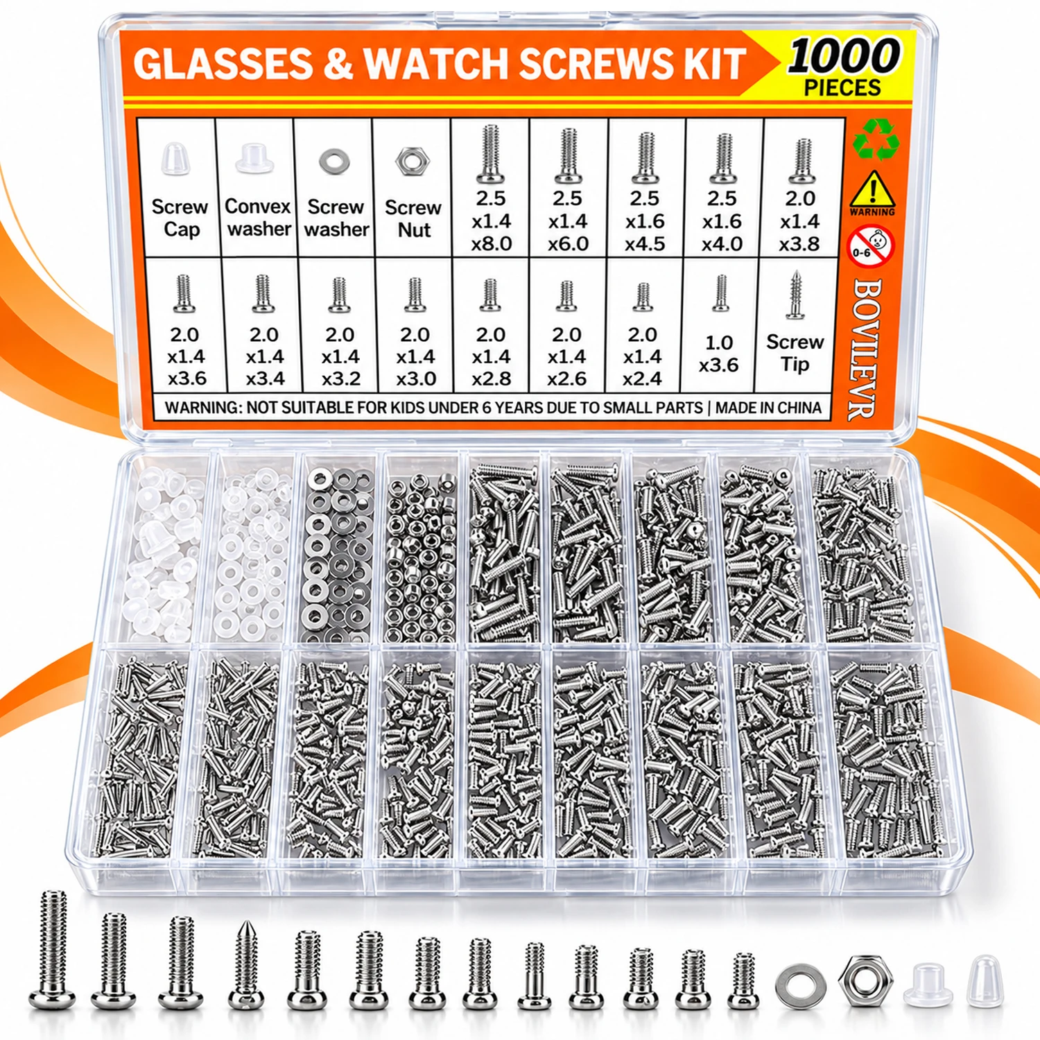 1000PCS Eyeglass Repair Screws & Nuts Assortment, Micro Screws for Sunglasses, Electronics, Watches & Clocks, Stainless Steel