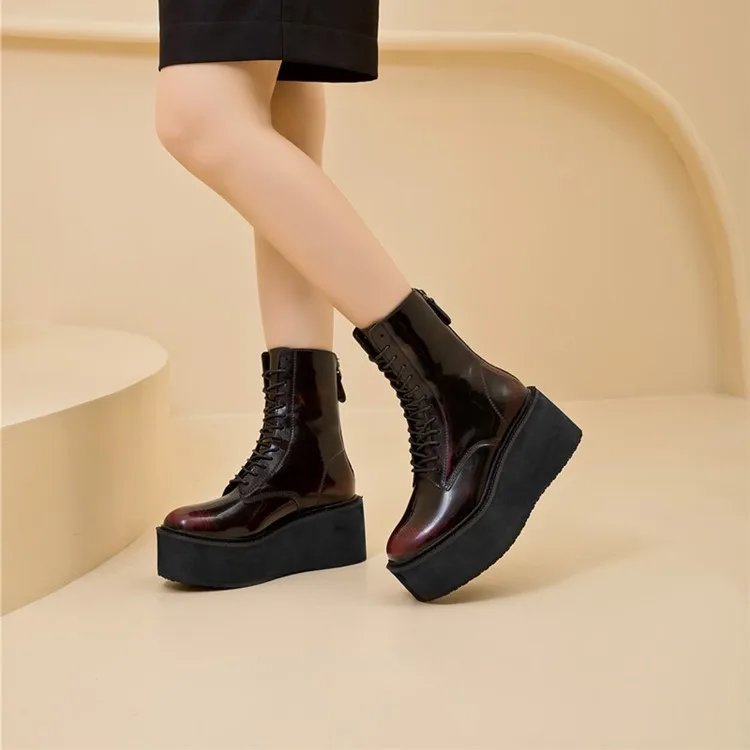 Damen-Stiefeletten und -Boots mit rutschfester, dicker Sohle für Herbst und Winter, Retro-Stiefel mit Erhöhung, Motorradstiefel für Damen – Detail 14