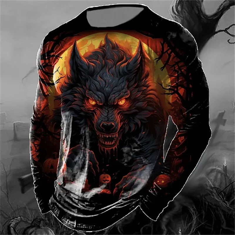 

Men's T Shirt Animal Wolf 3d Print Blouse Halloween Long Sleeve Tee Vintage Fashion Man Clothing Autumn Casual Gothic Pullover