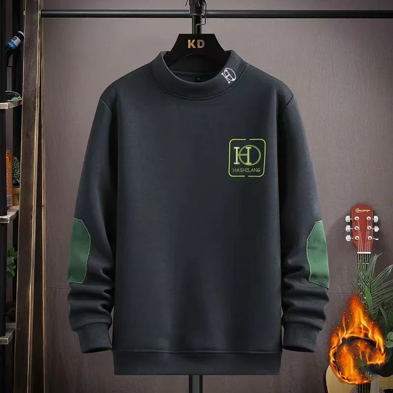 

LIBIELIY LIBIELIY Fashion Trend Youth Autumn Winter New Men Mock Neck Letter Printing Casual Plus Velvet Thicken Long Sleeve Loo