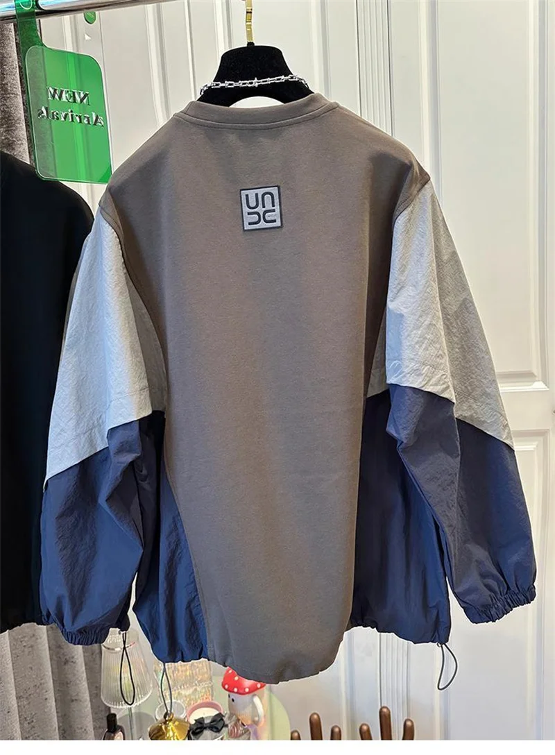 300 Pounds High-end Splicing Color Blocking Long Sleeved Loose Sweatshirt Women With A fat And Sporty Style And Anti-aging Top