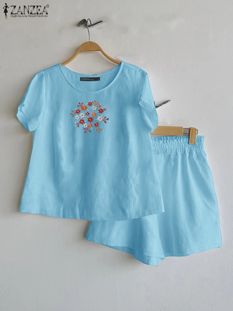 

ZANZEA Summer Vintage Outfit Short Sleeve Embroidery Tops Casual Elastic Waist Shorts Women's Short Sets Everyday 2-Pieces Suits