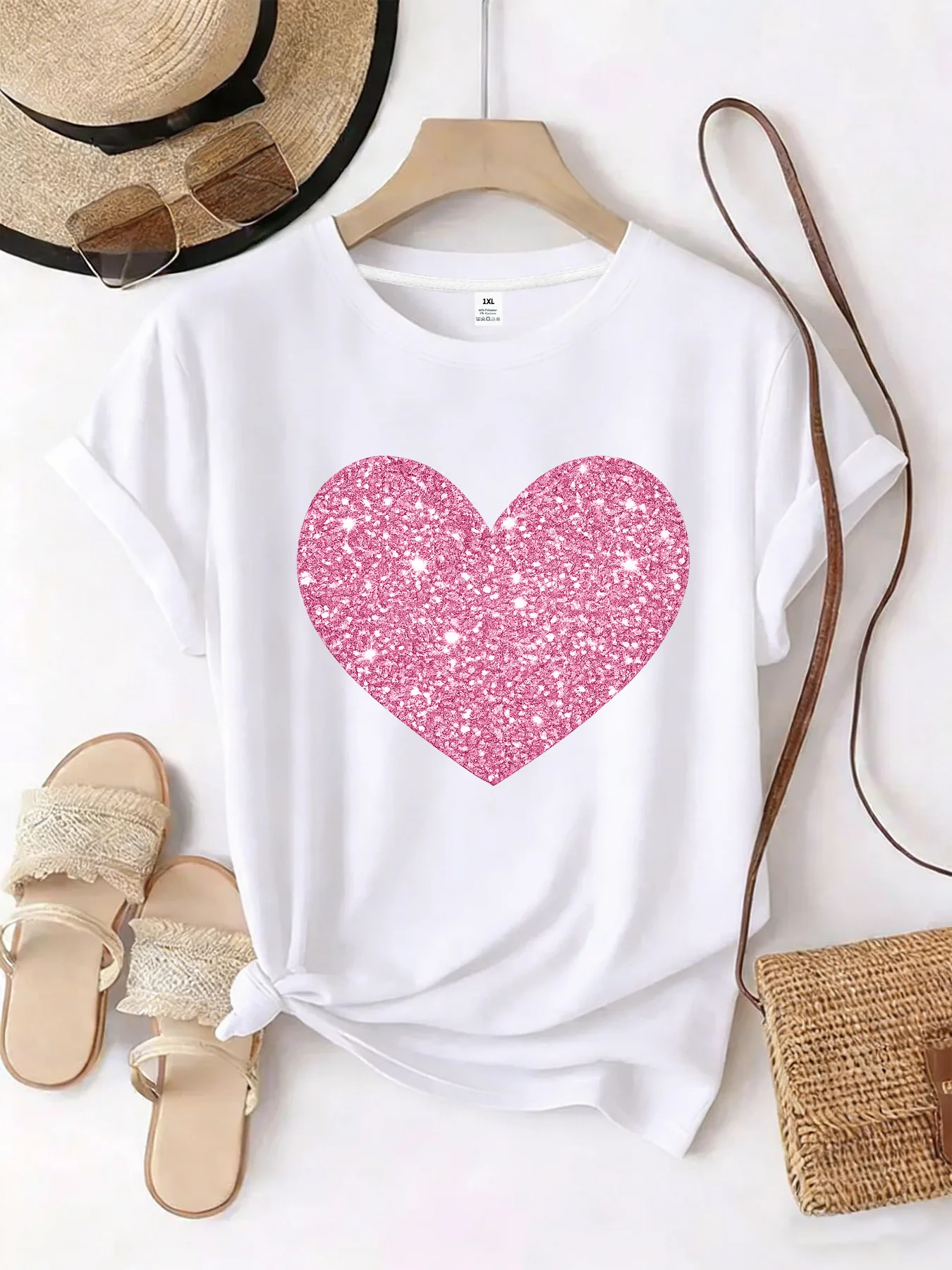 

【WZM101330】Love print plus size women's round neck summer casual short sleeved street fashion versatile plus size T-shirt