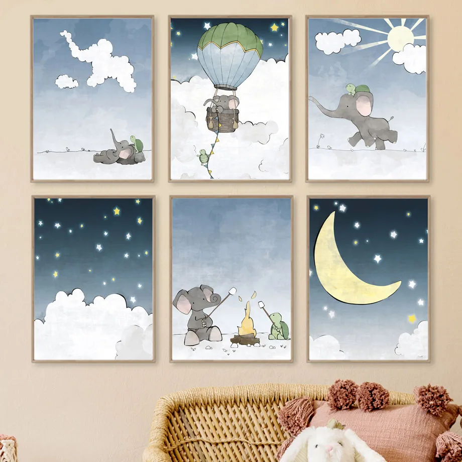

Elephant Turtle Night Moon Stars Wall Art Mural Canvas Painting Hot Air Balloon Kite Poster Print Pictures Baby Kids Room Decor