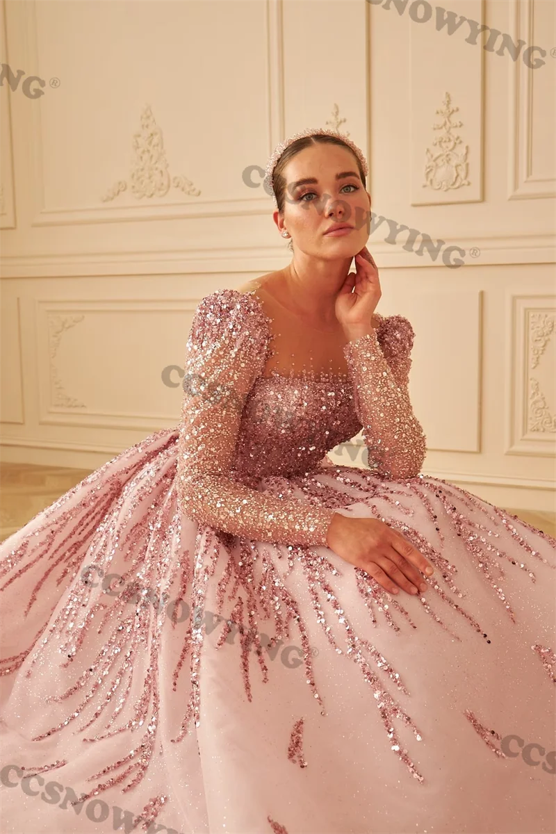 Luxury Appliques Beaded Long Sleeve Evening Dresses Sheer Neck Ball Gown Formal Party Dress Women Arabic Dubai Robe De Soiree