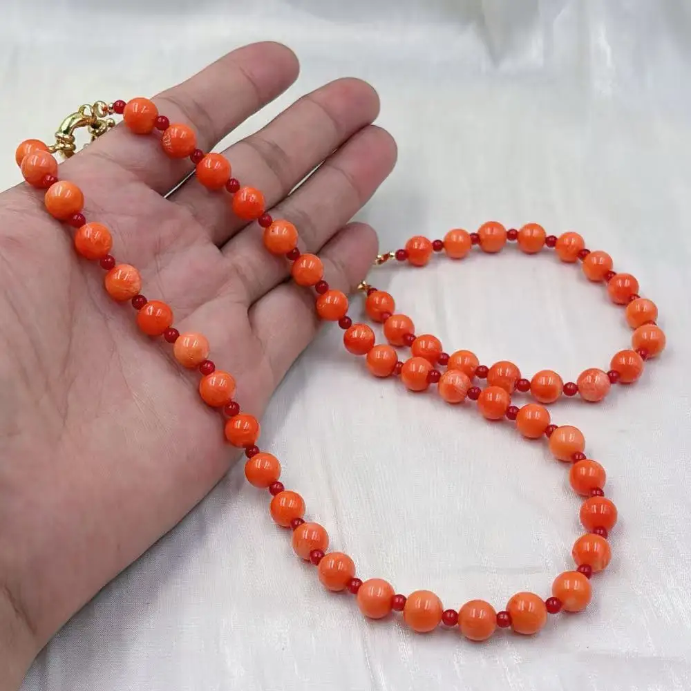 8mm 4mm Vintage Round Natural Bamboo Red Orange Coral Necklace Bracelet Women Jewelry Set 18inch 7inch