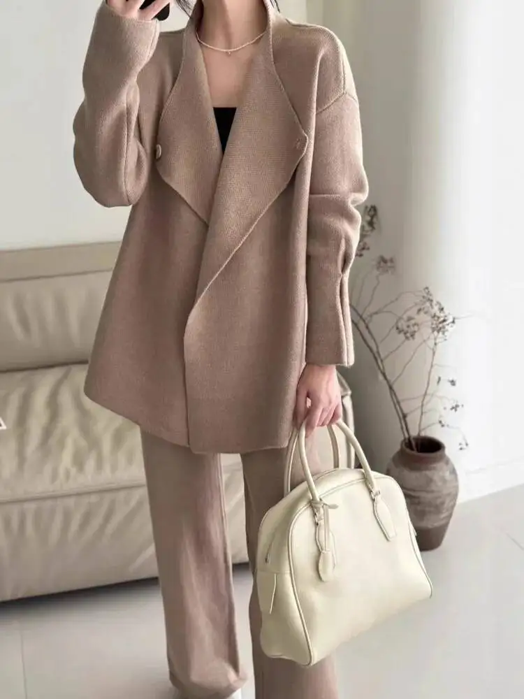 FANAN Elegant Knitted Set Korean Style Women's Fashion Cardigan Wide Leg Pants Two-Piece Set Autumn Winter New Warm Suits