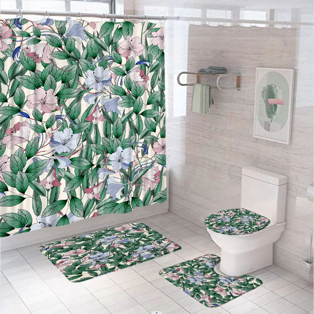 Watercolor Floral Bathroom Set with Shower Curtain Rug Bath Mat Toilet Lid Cover Butterflies Bees Flowers Daisies Bath Curtains