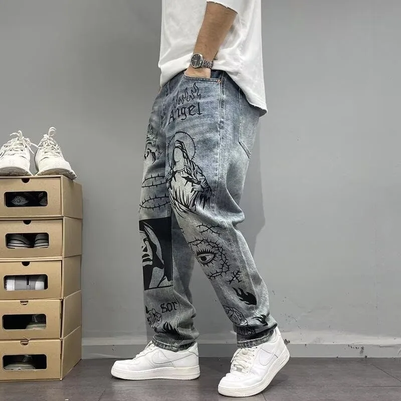Autumn and Spring New Fashion Trend Printed Straight Leg Sports Denim Pants Men… - Image 3