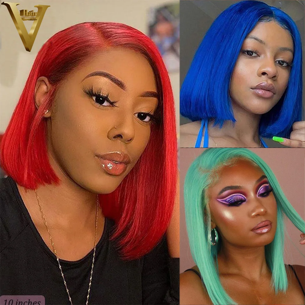 

Red HD Transparent Lace Frontal Wigs For Black Women Pre Plucked Blue Lace Front Wig Green Brazilian Virgin Human Hair Bob Wigs