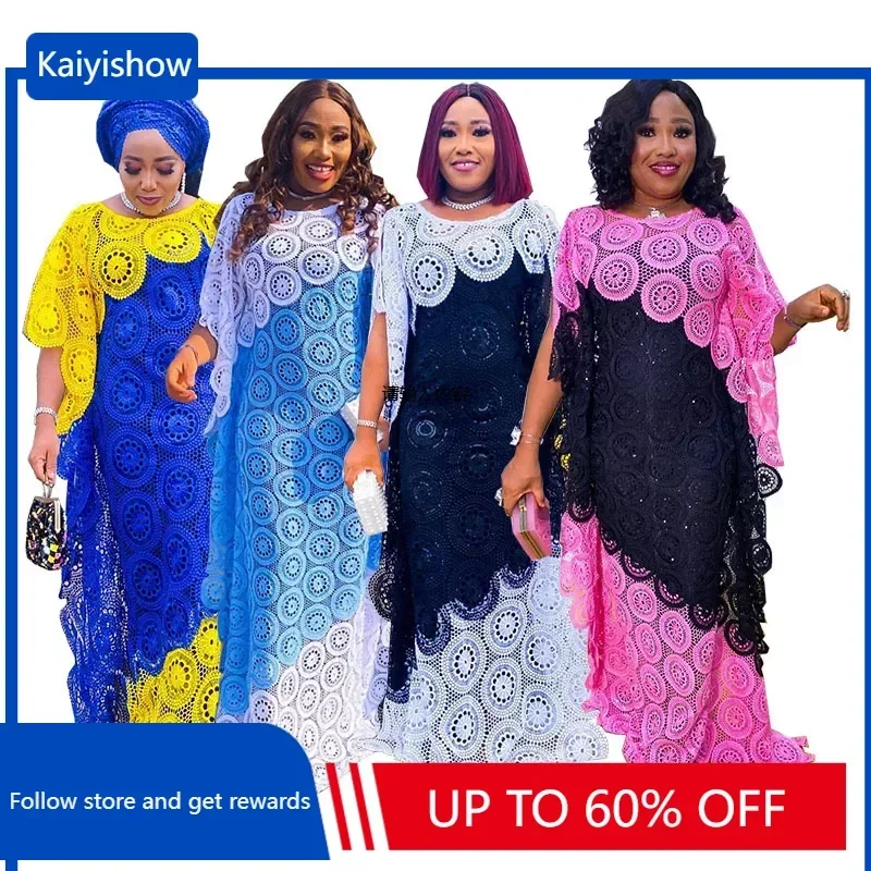 

2024 South Africa Dashiki Clothes Ladies Ankara Dresses African Women Dresses Muslim Fashion Abaya Lace Embroidery Maxi Dress