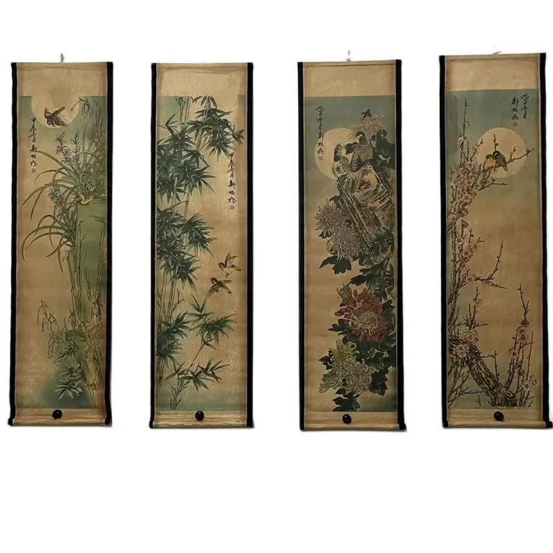 

China Old Scroll Painting Four Screen Paintings Middle Hall Hanging Painting Plum Orchid, Bamboo and Chrysanthemum in Zheng Banq