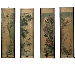 중국 올드 스크롤 그림, 4 스크린 그림, 중간 홀 걸이식 그림, 자두 난초, 대나무, 국화, 청 방크