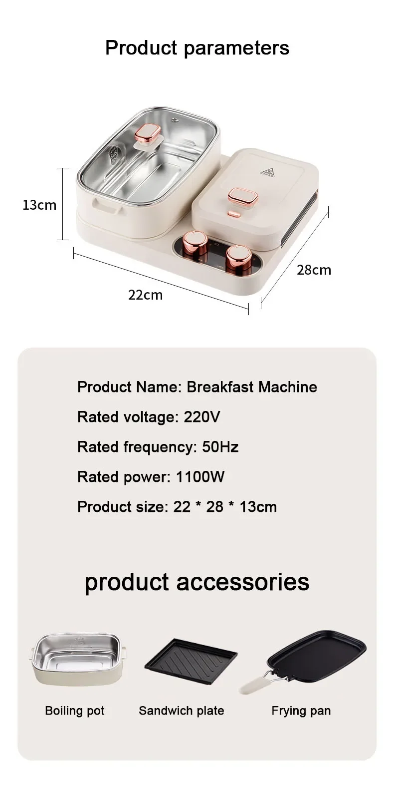 Electric 3-in-1 Home Breakfast Maker, Sandwiches, Fried Eggs, Hot Pot, Food Steamer