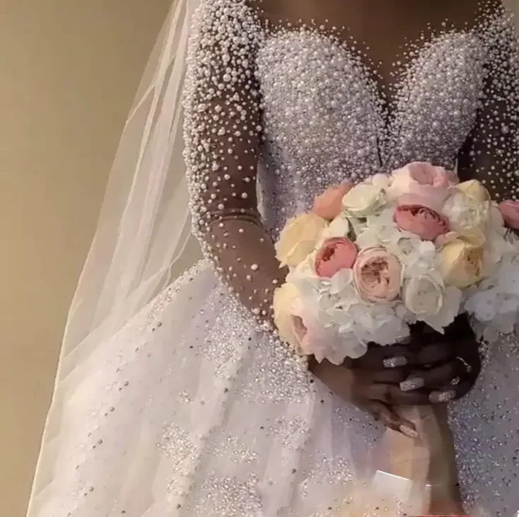 Personalizado novo vestido de casamento elegante manga longa lantejoulas renda vestido de noiva frisado feito sob encomenda