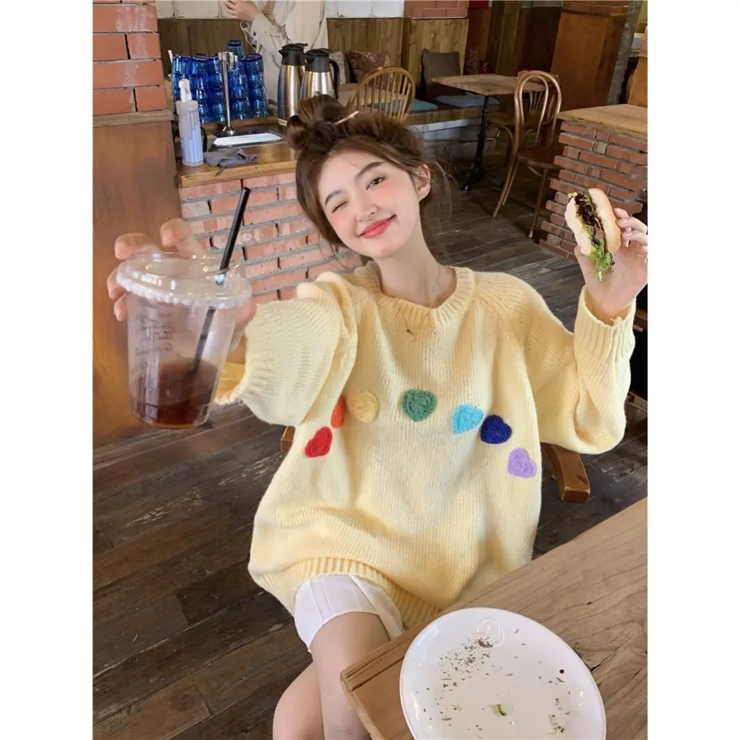 Lazy Style Three-dimensional Colorful Heart-shaped Round Neck Sweater for Women Latest Gentle Sweet and Loose Knit Sweater