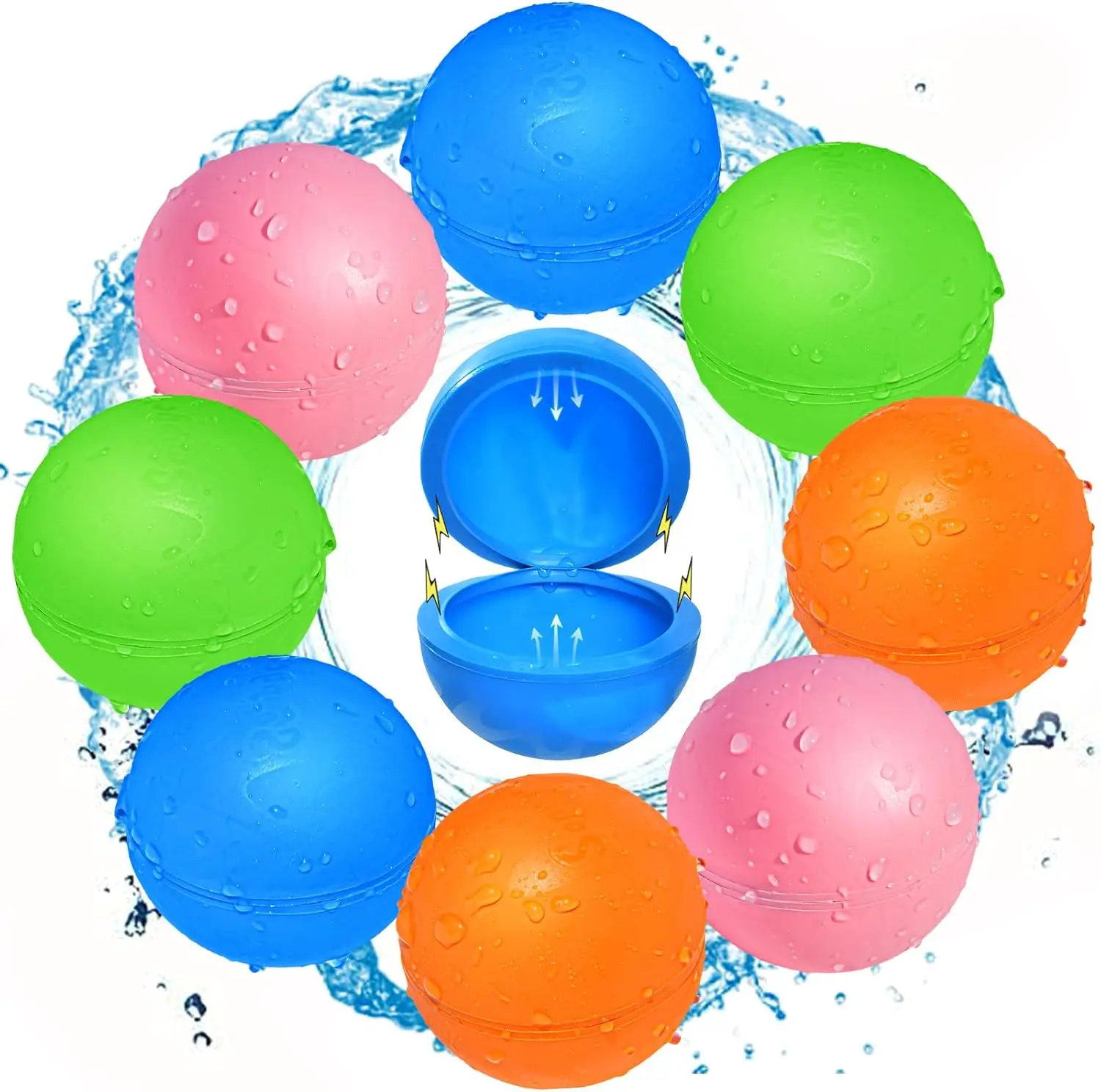 8Pcs Reusable Water Balloons, Easy Quick Fill & Self-Sealing Water Bombs, Silicone Water Splash Ball