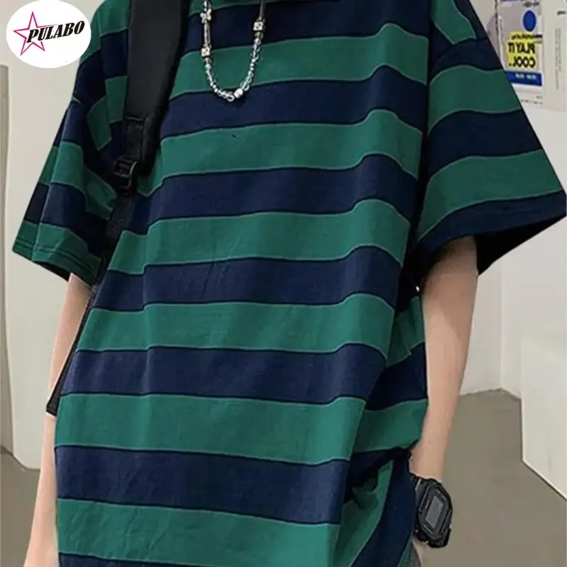 PULABO Summer Striped Shirts Women Harajuku Streetwear Oversized Shirt Short Sleeve Casual T Shirt Korean Loose Tops Female