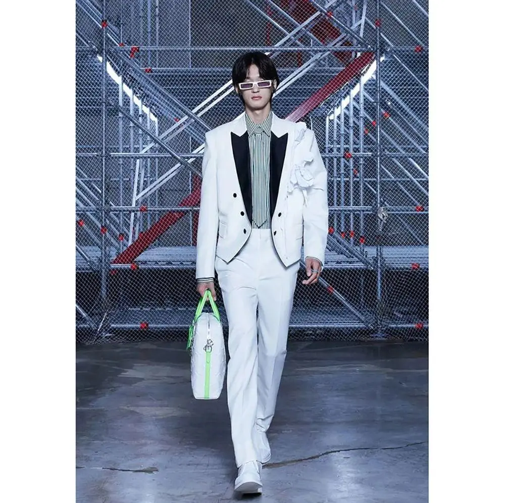 

White Men Suit Two Pieces(Jacket+Pants) With Black Lapel High Quality Outfits Chic Casual Party Prom Wedding Set