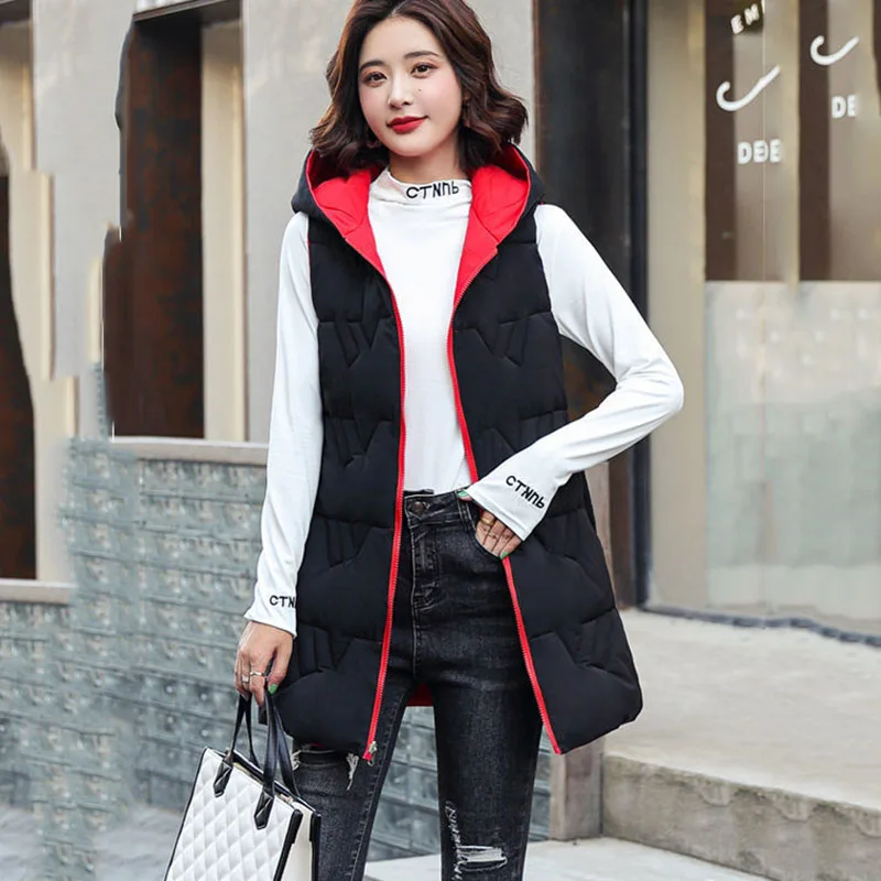 Women\'s Long Hooded Cotton Vest, Padded Waistcoat, Double-sided, Down, Warm, Female, New, Autumn, Winter