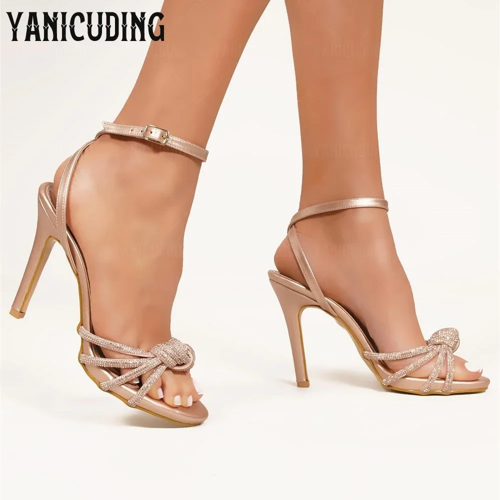 

Knotted Rhinestone Sandals Round Toe Stiletto Summer Shoes Buckle Luxurious Design Sandals Women's Custom Colour Leather Sandals