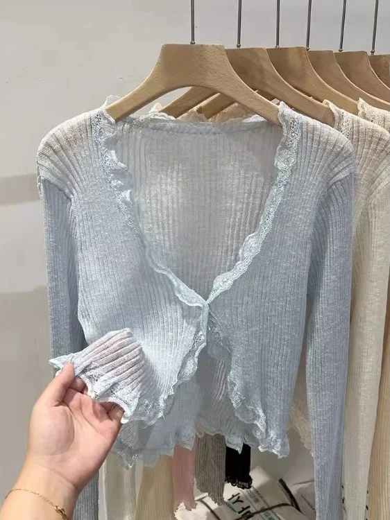 Lace Trim V-Ne Knitted Cardigan Women's Summer awl Outerwear Ice Silk Korean Sle Top Long Sve ort Length  Color