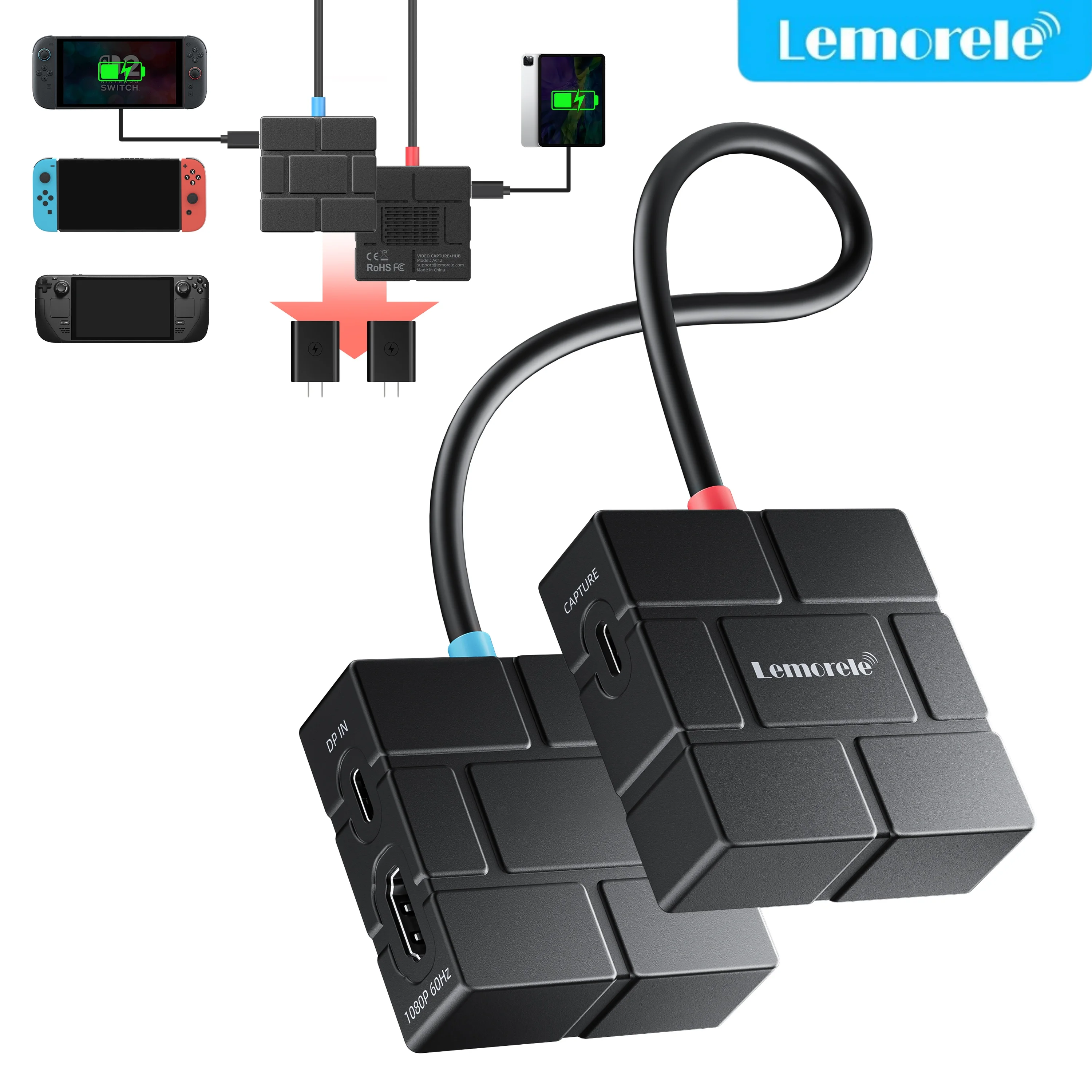 

Карта видеозахвата Lemorele 6-в-1, 1080P, HDMI Loop Out, видеозахват с двойным питанием PD 100W, игровой рекордер для PS4/5, Switch, прямых трансляций
