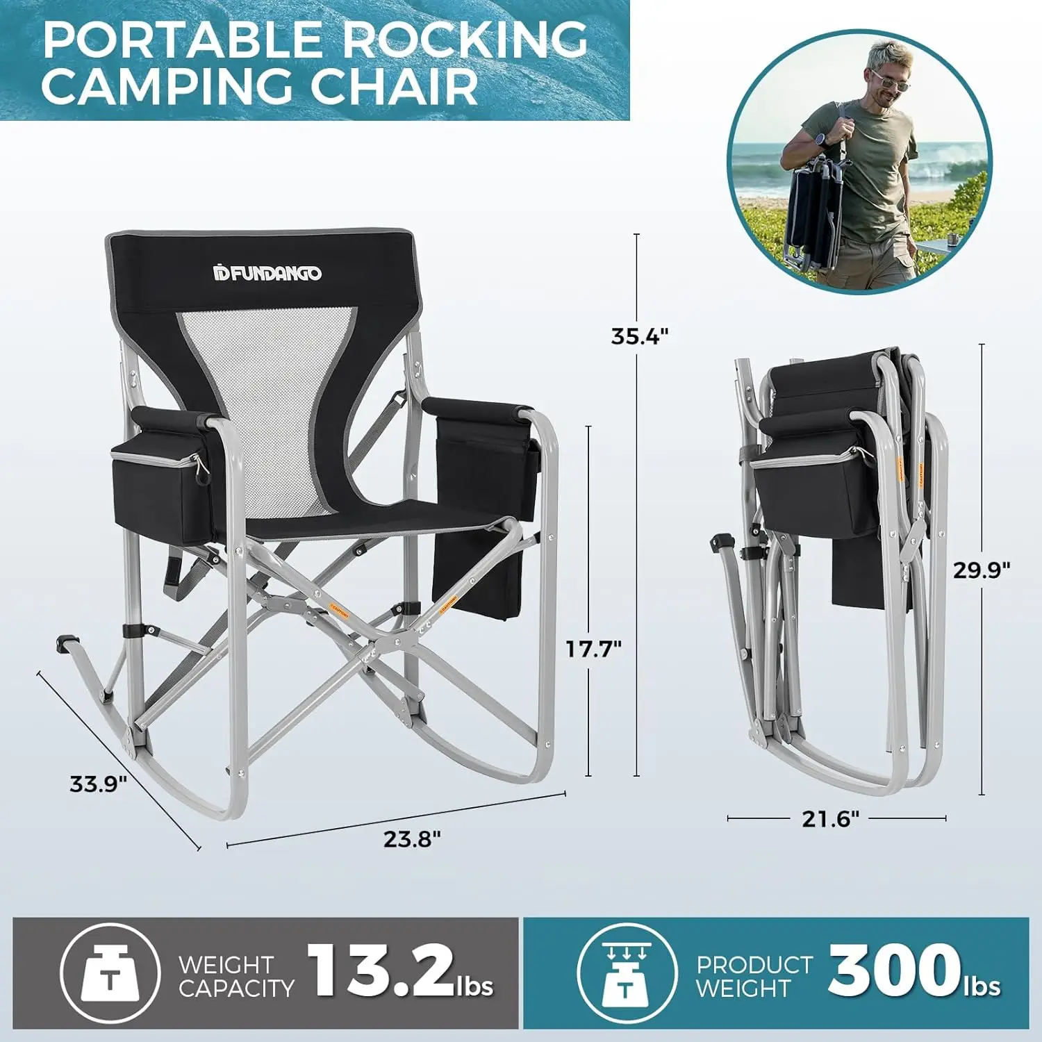 Rocking Camping Chair for Adults, Oversized Portable Rocking Chair Outdoor Folding with Cooler and Side Pocket for Outside, Back