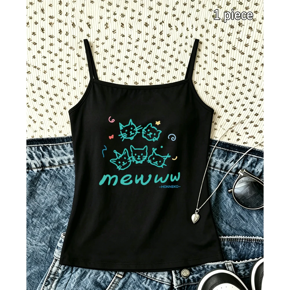 Trendy Cat Head Camisole Women Summer Pet Graphic Tank Top Casual Sleeveless Vest for Holiday Streetwear Kitty Lover Gift