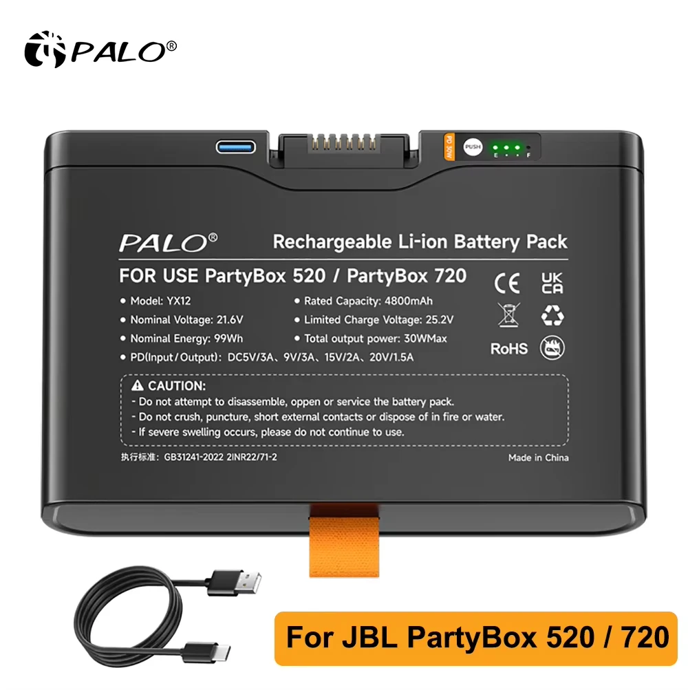 PALO 1-2pcs 4800mAh Replacement Battery for JBL Battery 600 Boombox 4 PartyBox 520/720 Bluetooth Speaker with Type-C Input