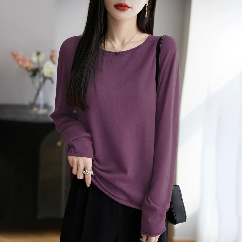 

Women Fine Wool Knit Sweater Crimped Edge O-Neck Pullover Bottoming Long Sleeve Clothing Spring Autumn New Loose Tops Clothing